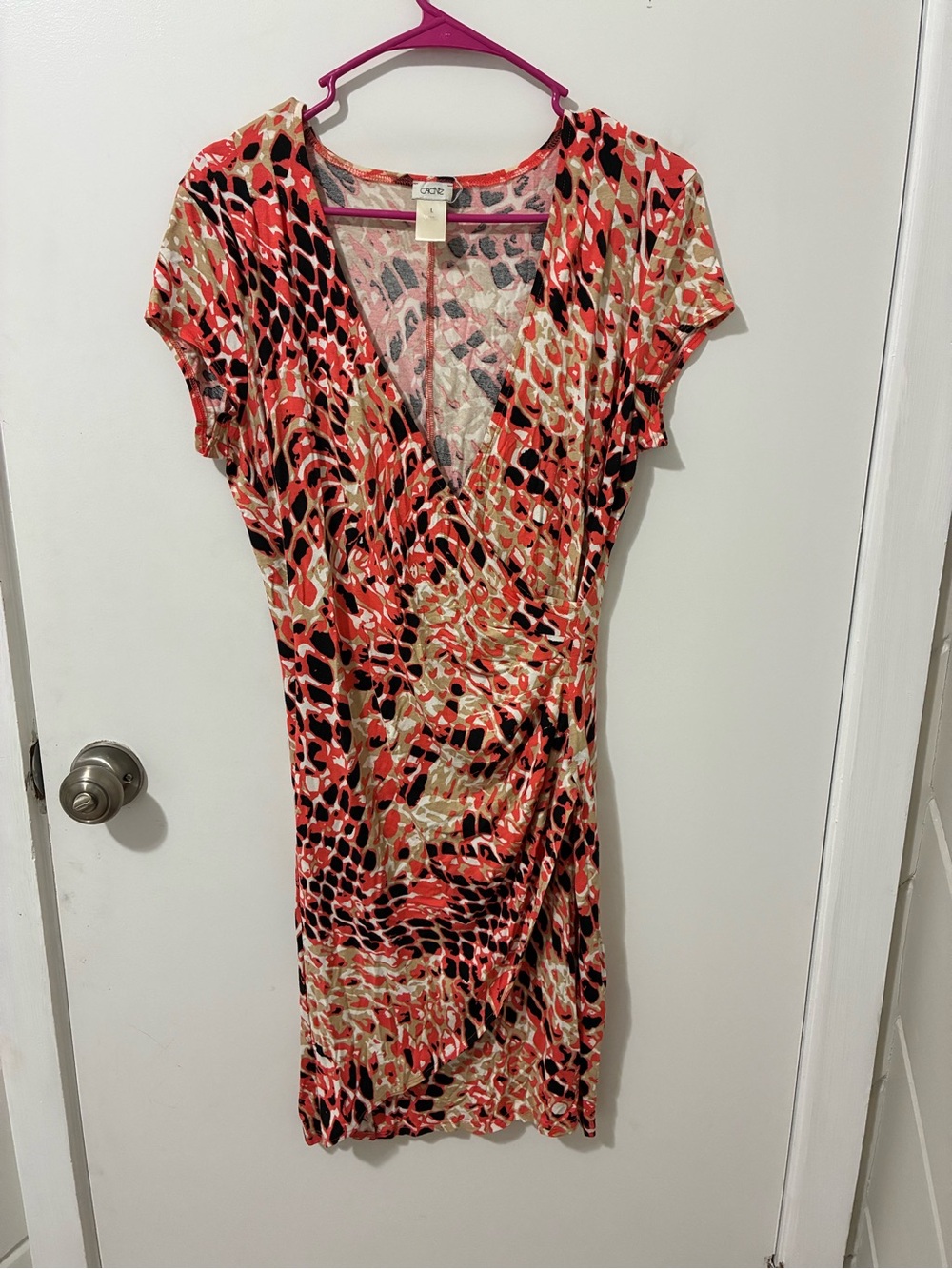 Cache Coral, Black & Tan Animal-Print Wrap Midi Dress